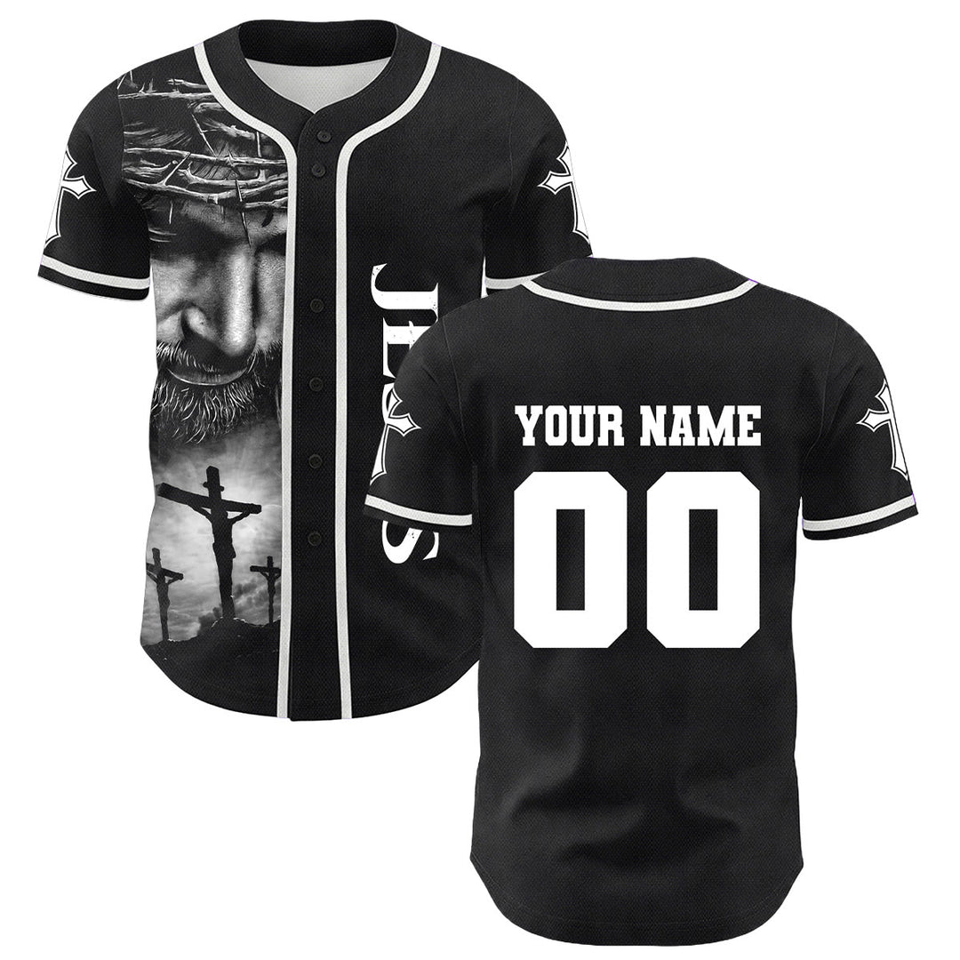 Christianartworkshop Crown Of Thorns Jesus Custom Name Number Cross Sleeve Unisex Baseball Jersey - image 1