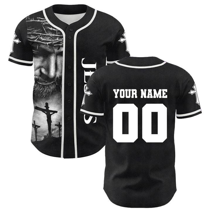 Christianartworkshop Crown Of Thorns Jesus Custom Name Number Cross Sleeve Unisex Baseball Jersey - image 1
