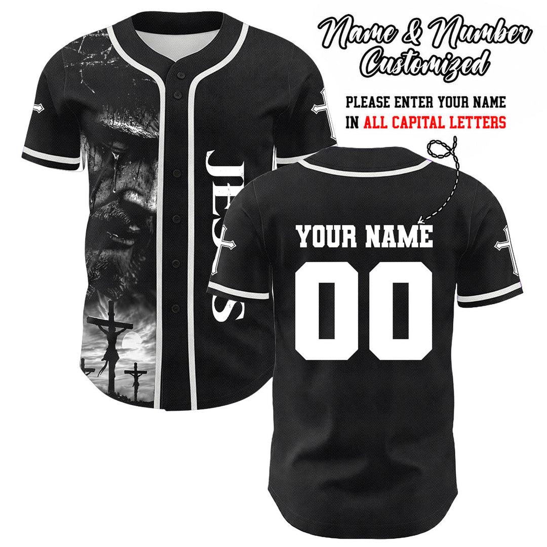 Christianartworkshop Jesus Crucifixion Custom Name Number Cross Sleeve Unisex Baseball Jersey - White - 5XL - image 0