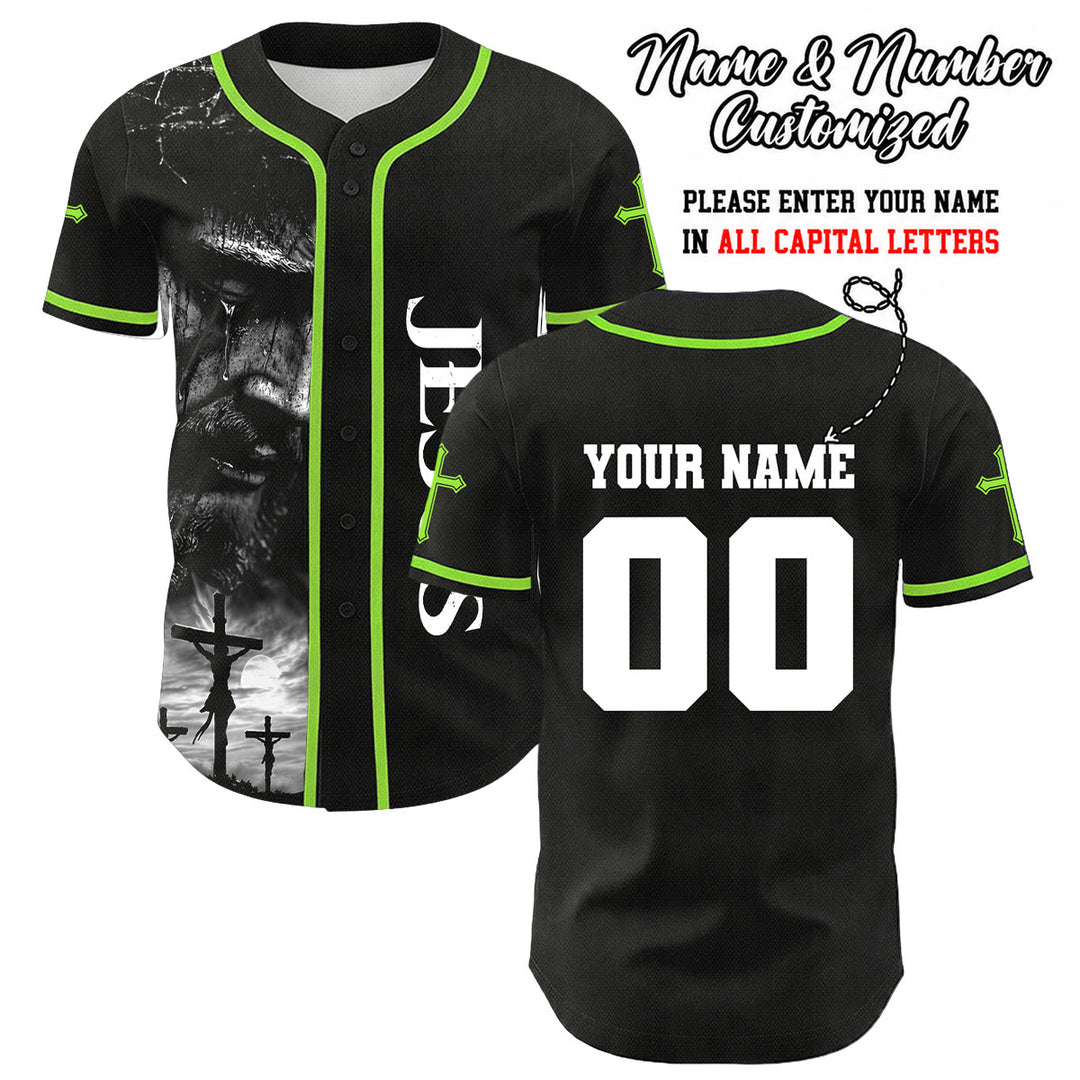 Christianartworkshop Jesus Crucifixion Custom Name Number Cross Sleeve Unisex Baseball Jersey - Light Green - 5XL - image 4