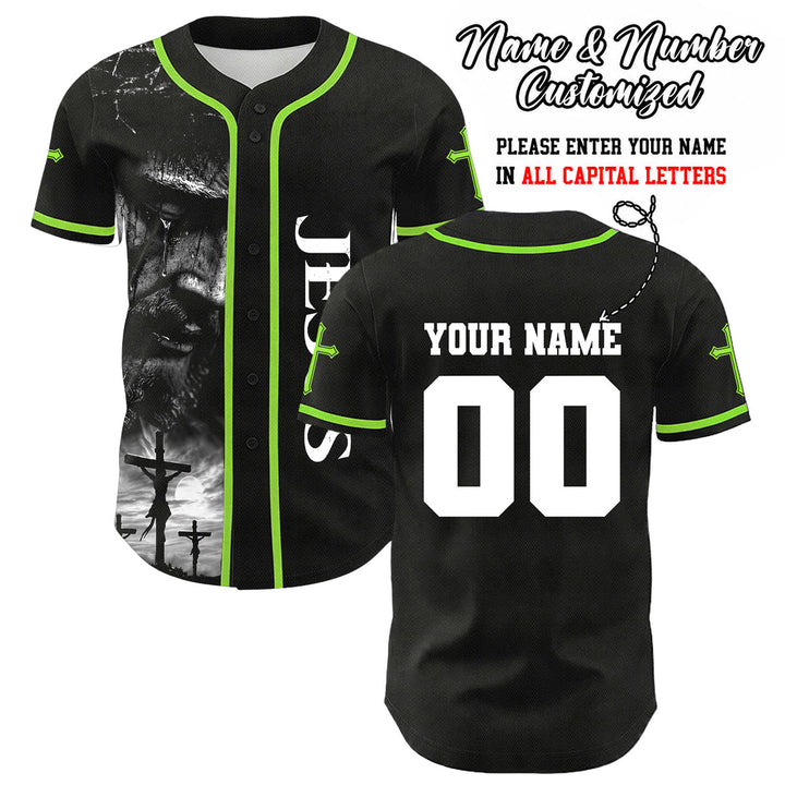 Christianartworkshop Jesus Crucifixion Custom Name Number Cross Sleeve Unisex Baseball Jersey - Light Green - 5XL - image 4