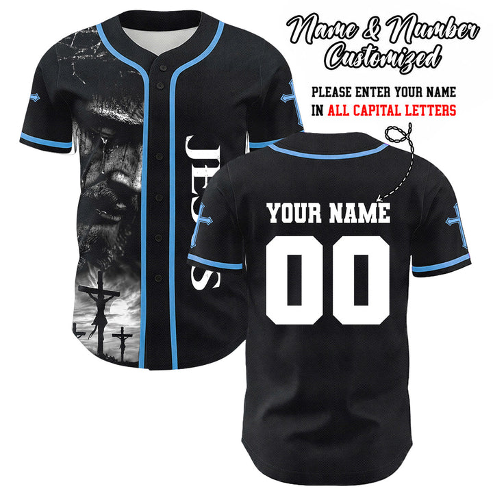 Christianartworkshop Jesus Crucifixion Custom Name Number Cross Sleeve Unisex Baseball Jersey - Blue - 5XL - image 12