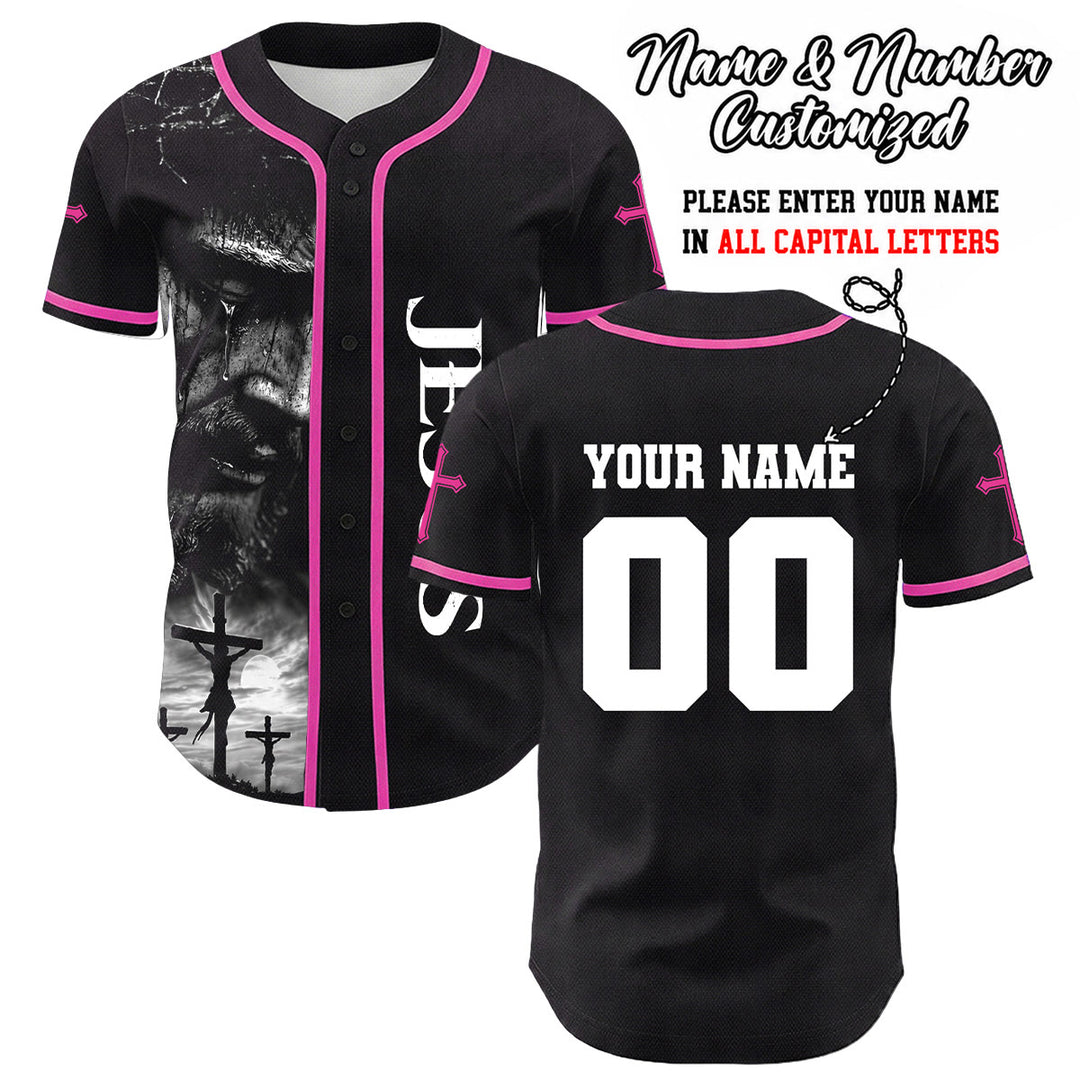 Christianartworkshop Jesus Crucifixion Custom Name Number Cross Sleeve Unisex Baseball Jersey - Pink - 5XL - image 16