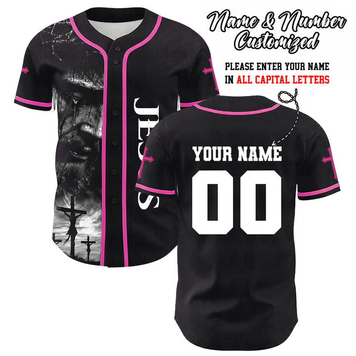 Christianartworkshop Jesus Crucifixion Custom Name Number Cross Sleeve Unisex Baseball Jersey - Pink - 5XL - image 16