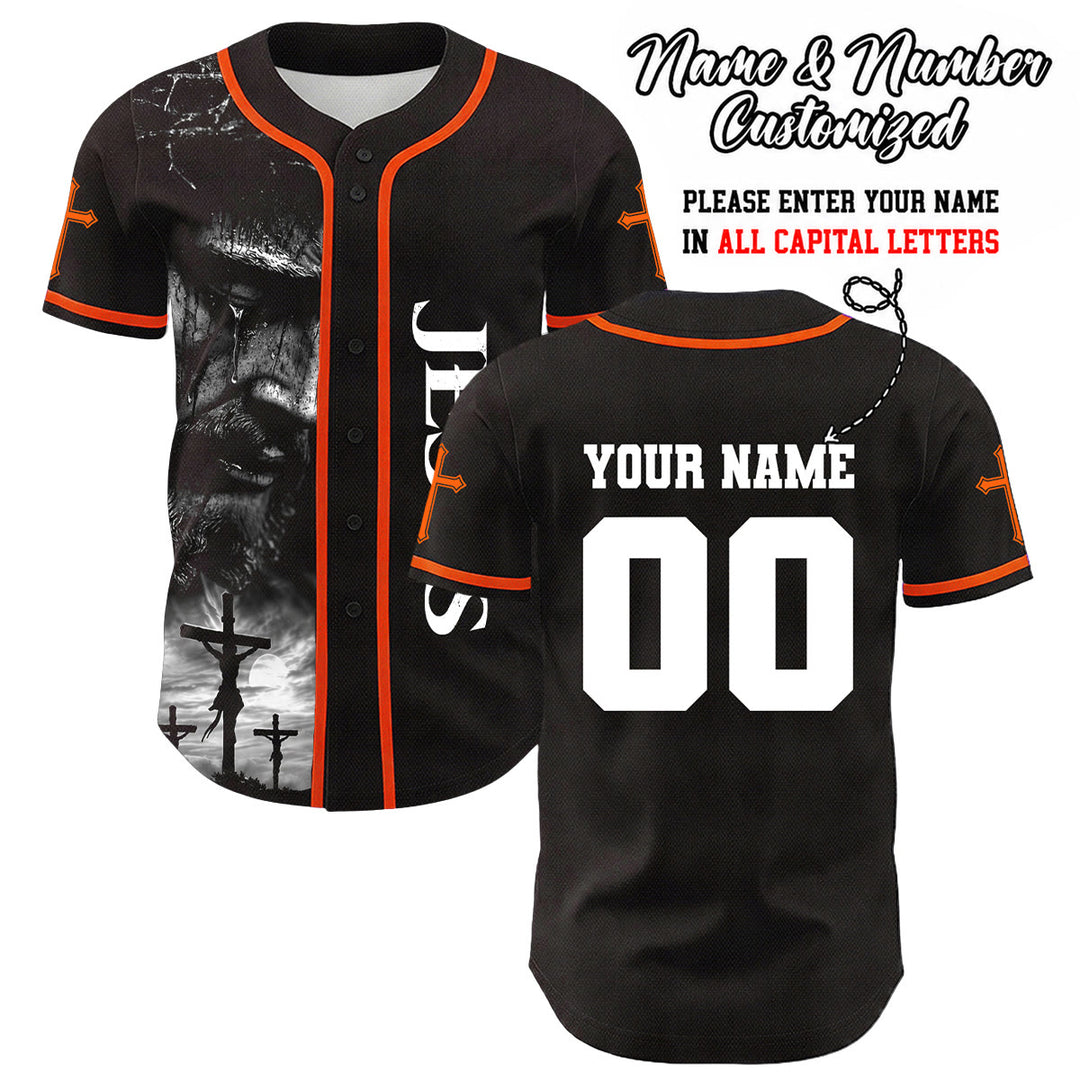 Christianartworkshop Jesus Crucifixion Custom Name Number Cross Sleeve Unisex Baseball Jersey - Orange - 5XL - image 24