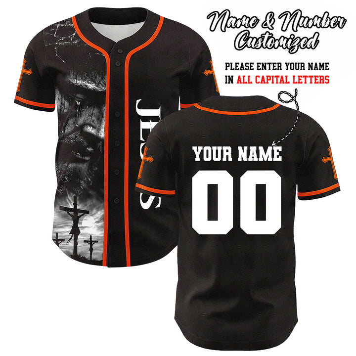 Christianartworkshop Jesus Crucifixion Custom Name Number Cross Sleeve Unisex Baseball Jersey - Orange - 5XL - image 24