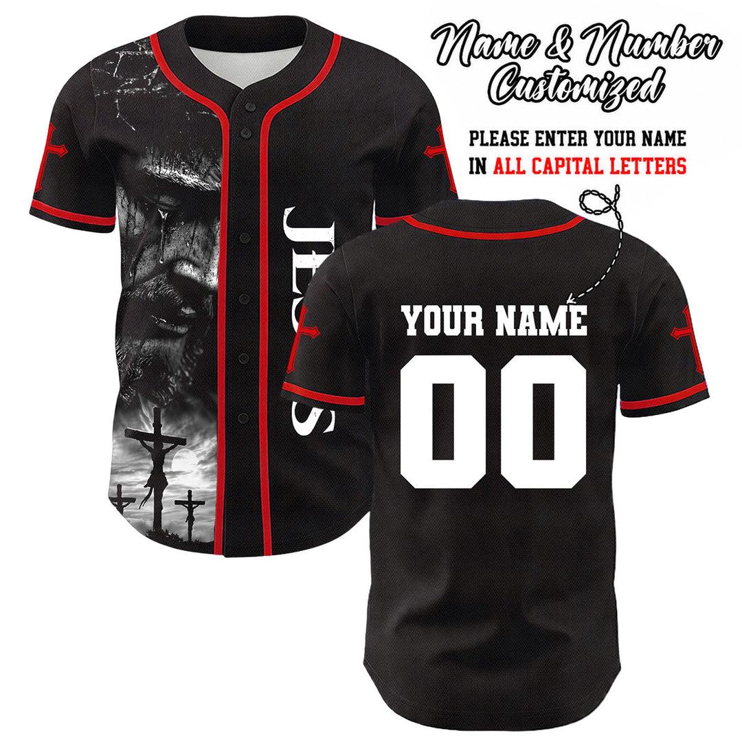 Christianartworkshop Jesus Crucifixion Custom Name Number Cross Sleeve Unisex Baseball Jersey - Red - 5XL - image 20