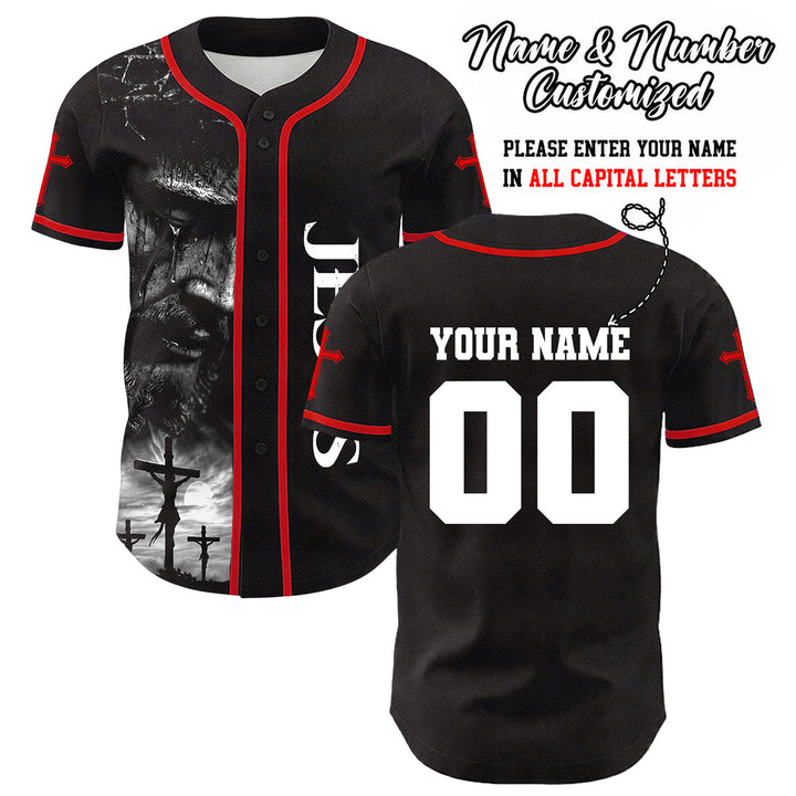 Christianartworkshop Jesus Crucifixion Custom Name Number Cross Sleeve Unisex Baseball Jersey - Red - 5XL - image 20