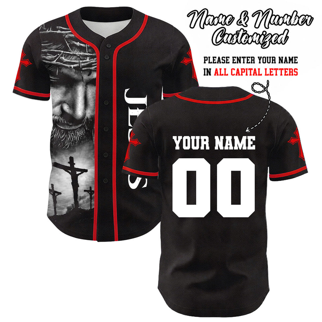 Christianartworkshop Crown Of Thorns Jesus Custom Name Number Cross Sleeve Unisex Baseball Jersey - Red - 5XL - Name & Number Customized - image 4