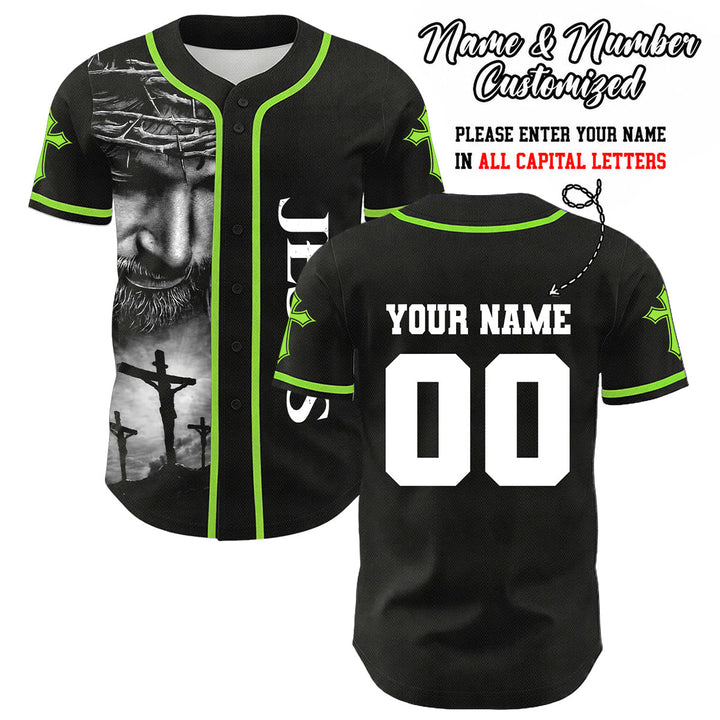 Christianartworkshop Crown Of Thorns Jesus Custom Name Number Cross Sleeve Unisex Baseball Jersey - Light Green - 5XL - Name & Number Customized - image 24