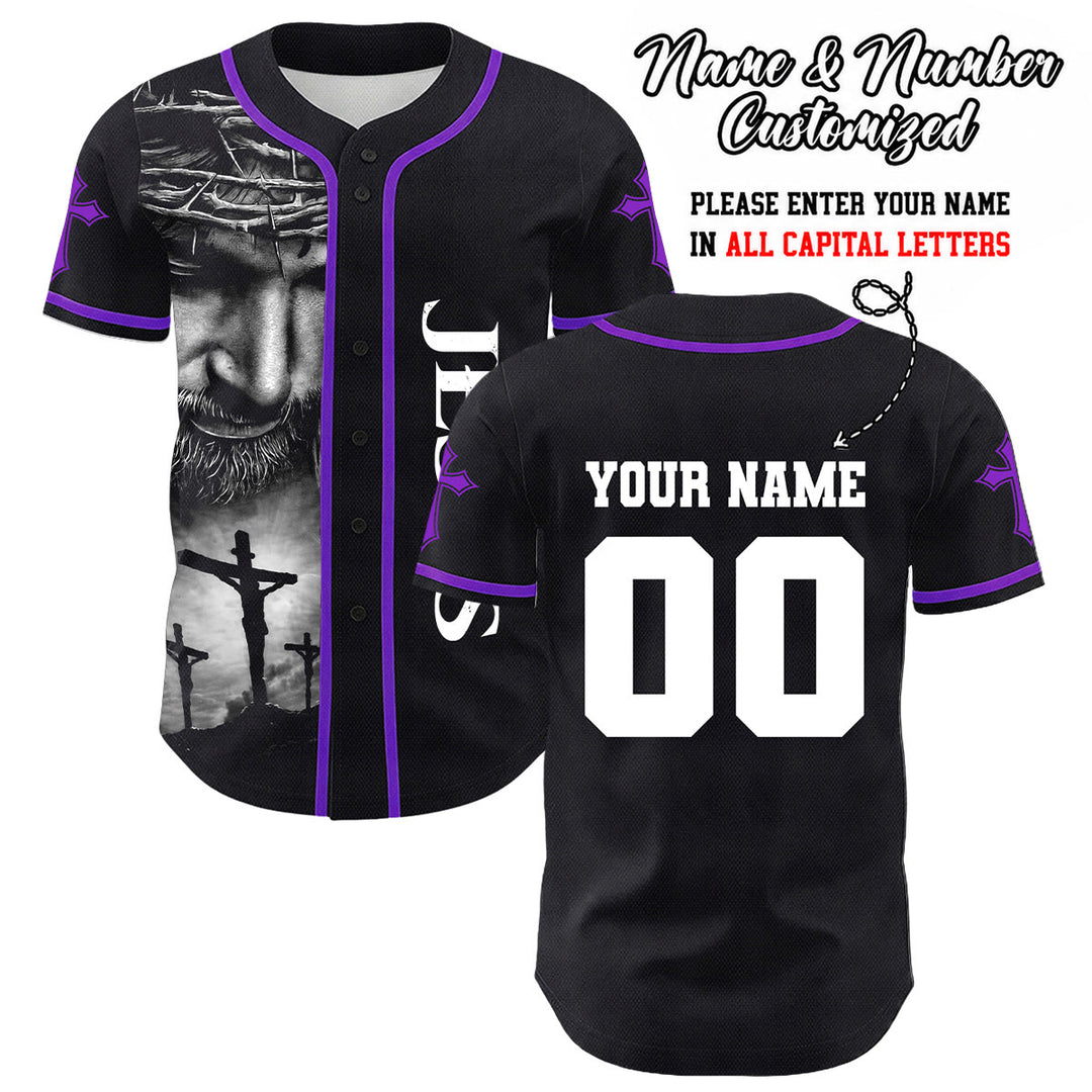 Christianartworkshop Crown Of Thorns Jesus Custom Name Number Cross Sleeve Unisex Baseball Jersey - Purple - 5XL - Name & Number Customized - image 28