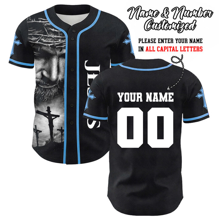 Christianartworkshop Crown Of Thorns Jesus Custom Name Number Cross Sleeve Unisex Baseball Jersey - Blue - 5XL - Name & Number Customized - image 12