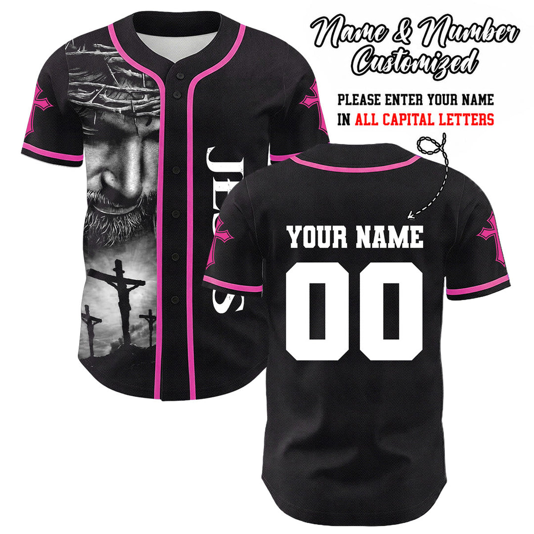 Christianartworkshop Crown Of Thorns Jesus Custom Name Number Cross Sleeve Unisex Baseball Jersey - Pink - 5XL - Name & Number Customized - image 16