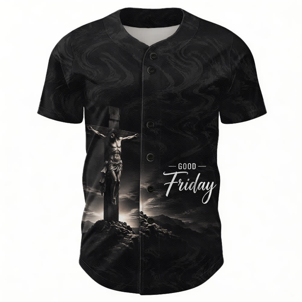 Christianartworkshop Good Friday Jesus Crucifixion Cross Swirl Background Unisex Baseball Jersey - image 1