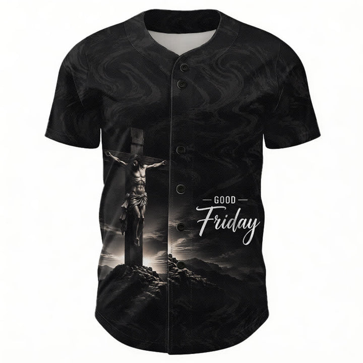 Christianartworkshop Good Friday Jesus Crucifixion Cross Swirl Background Unisex Baseball Jersey - image 1