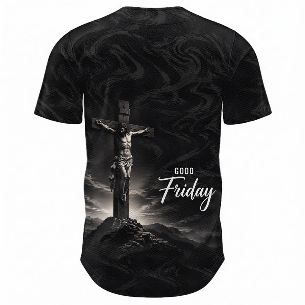 Christianartworkshop Good Friday Jesus Crucifixion Cross Swirl Background Unisex Baseball Jersey - image 2