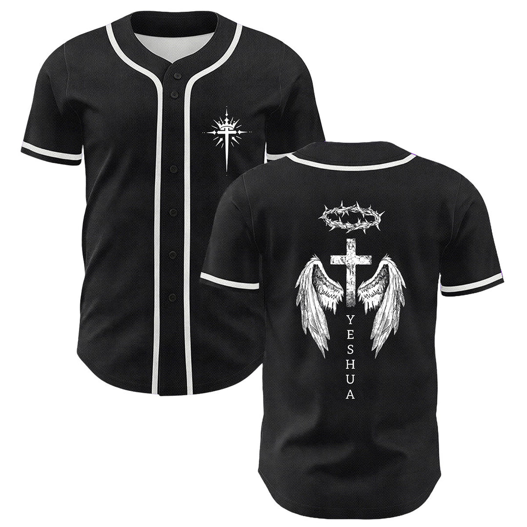 Christianartworkshop Yeshua Crown Of Thorns Cross Angel Wings Unisex Baseball Jersey - White - 5XL - image 0