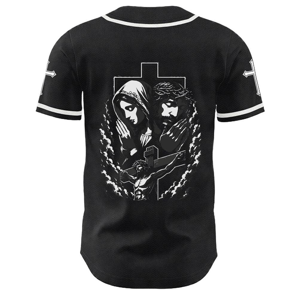 Christianartworkshop Jesus Virgin Mary Crucifix Cross Christian Unisex Baseball Jersey - image 1