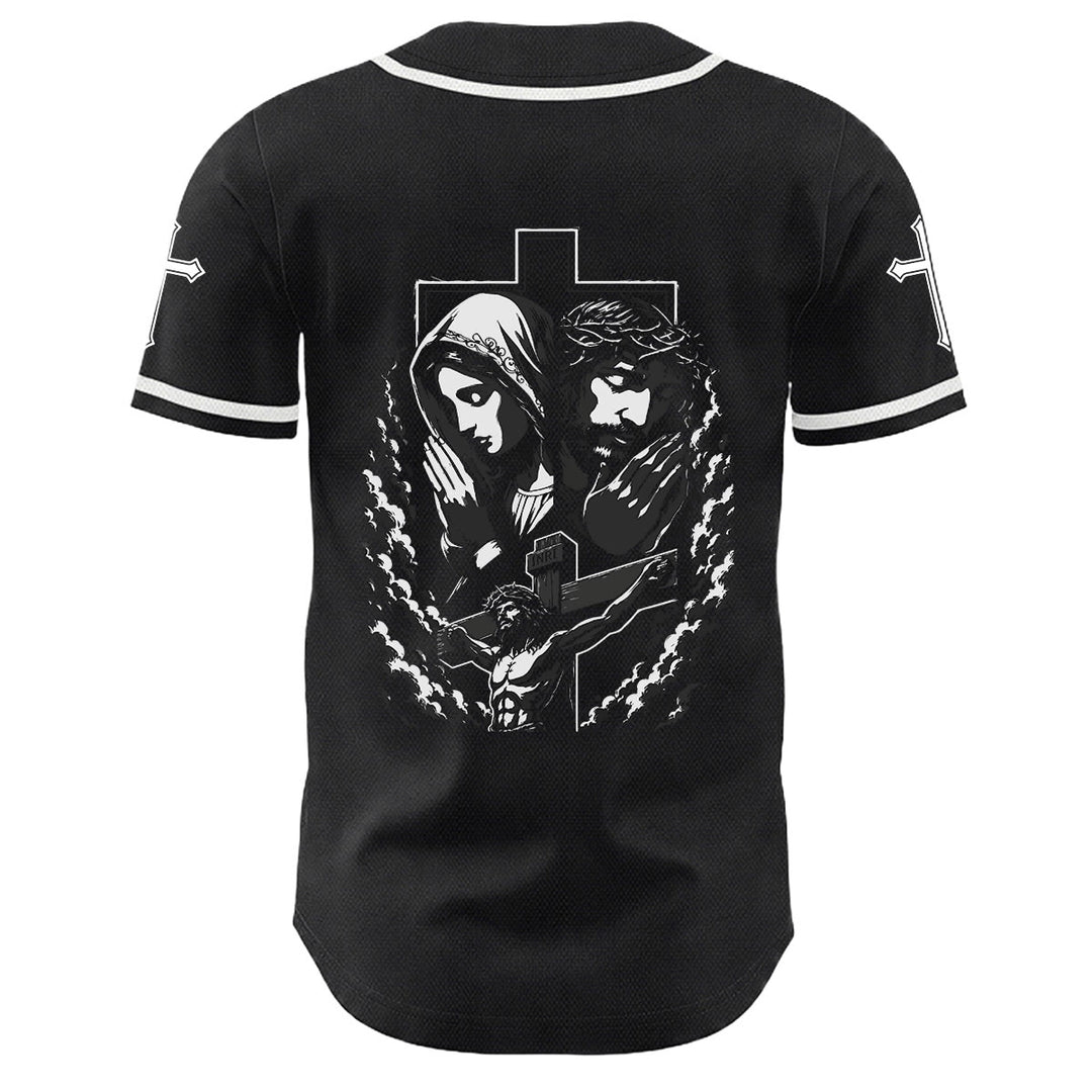 Christianartworkshop Jesus Virgin Mary Crucifix Cross Christian Unisex Baseball Jersey - image 1