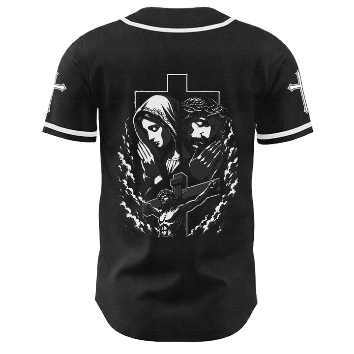 Christianartworkshop Jesus Virgin Mary Crucifix Cross Christian Unisex Baseball Jersey - image 1