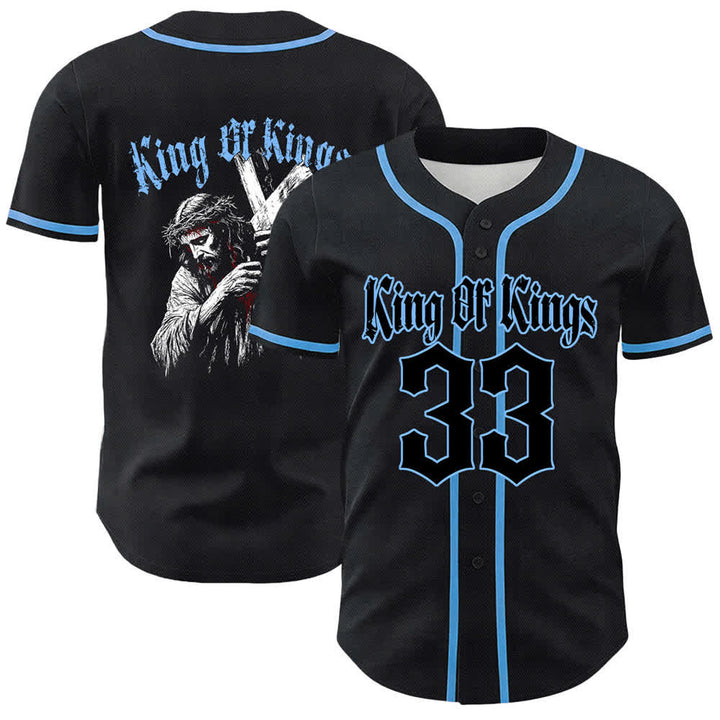 Christianartworkshop King Of Kings Number 33 Jesus Carrying Cross Unisex Baseball Jersey - Blue - 5XL - image 12