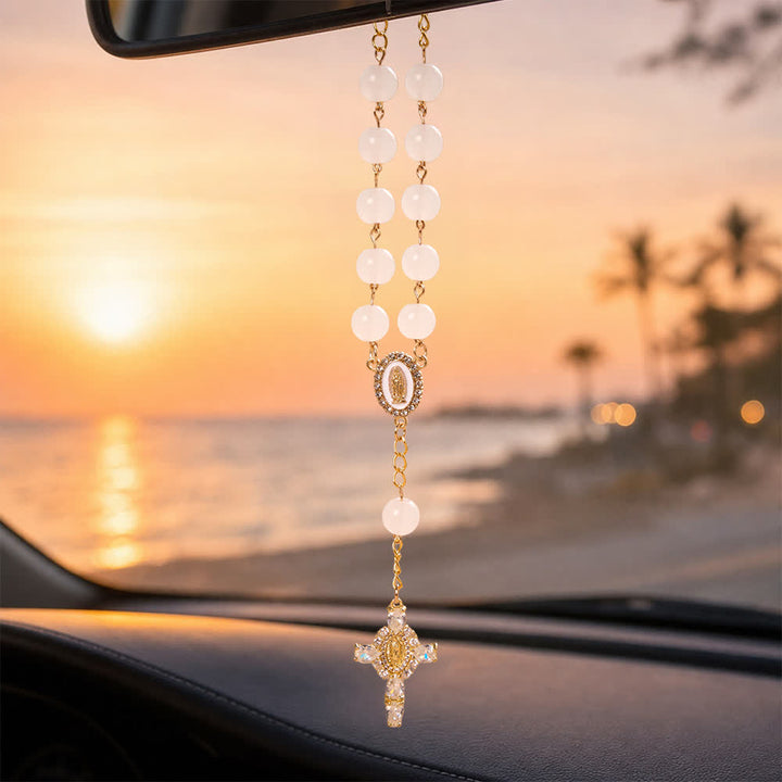 Christianartworkshop Multi-Color Stained Glass Pocket Car Rosary With Jeweled Our Lady of Guadalupe Cross - White - image 22