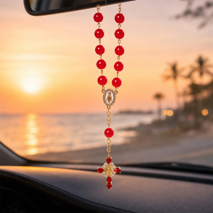 Christianartworkshop Multi-Color Stained Glass Pocket Car Rosary With Jeweled Our Lady of Guadalupe Cross - Red - image 0