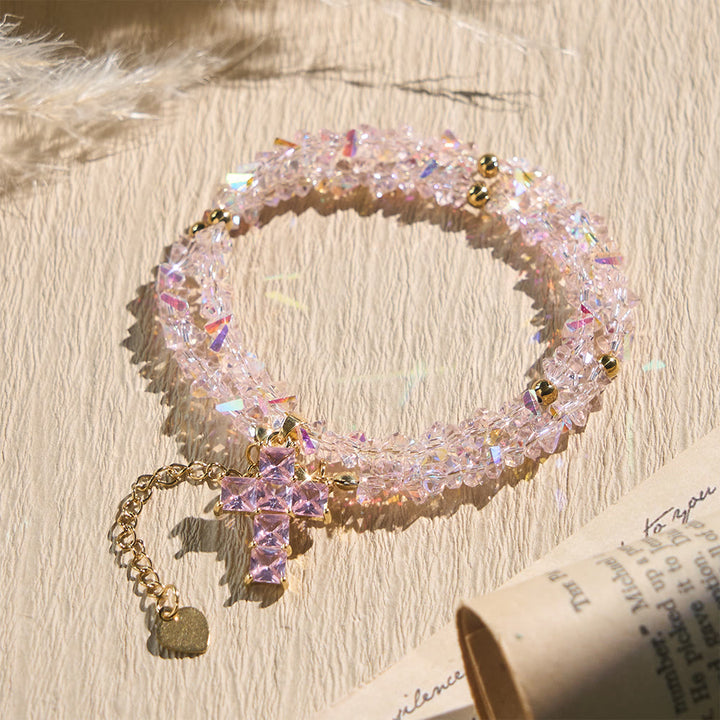 Christianartworkshop Faceted Crystal Bead Cross Charm Bracelet: Emblem of Sparkling Heavenly Blessing - Pink - image 0
