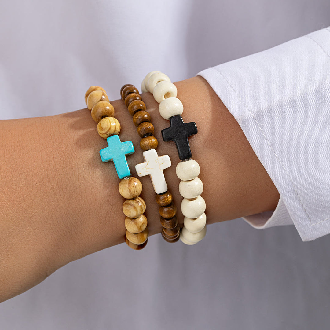 Christianartworkshop Natural Wooden Bead Cross Stretch Bracelet: Emblem of Stable Heavenly Shelter - C - image 2