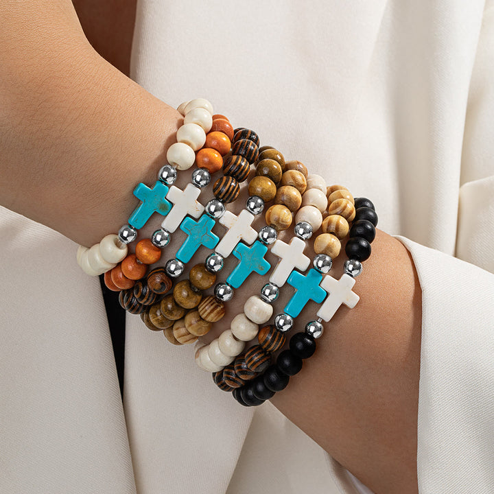 Christianartworkshop Natural Wooden Bead Cross Stretch Bracelet: Emblem of Stable Heavenly Shelter - B - image 1