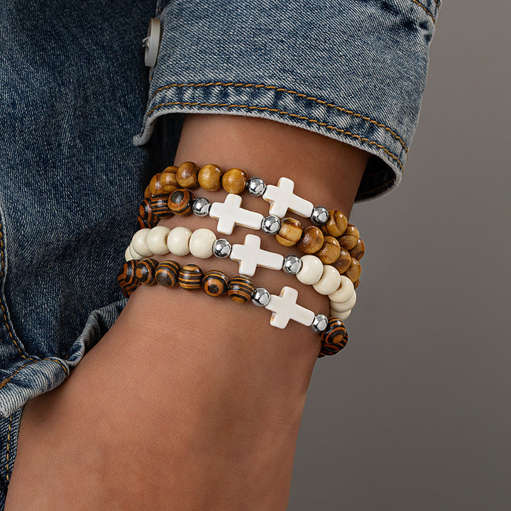 Christianartworkshop Natural Wooden Bead Cross Stretch Bracelet: Emblem of Stable Heavenly Shelter - E - image 4