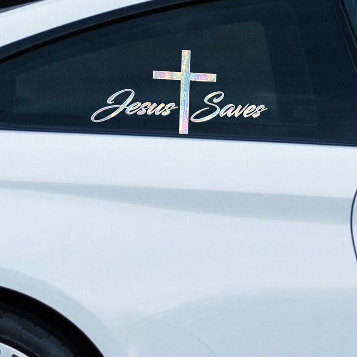 Christianartworkshop Holographic Jesus Saves Cross Car Sticker: Emblem of Radiant Heavenly Redemption - Set of 10 - image 0