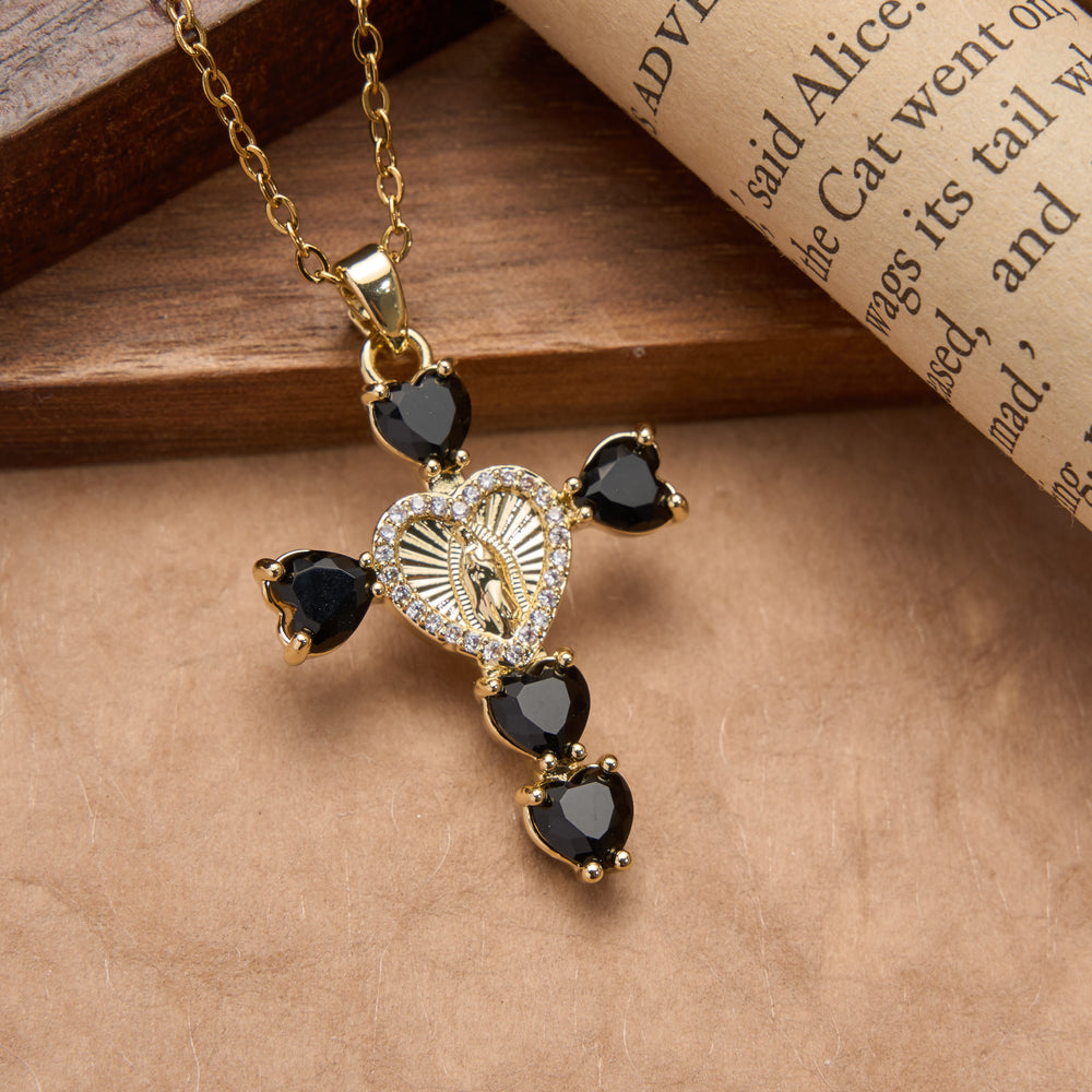 Christianartworkshop Heart Gem Virgin Mary Cross Pendant Necklace: Emblem of Tender Heavenly Blessing - Black - image 1