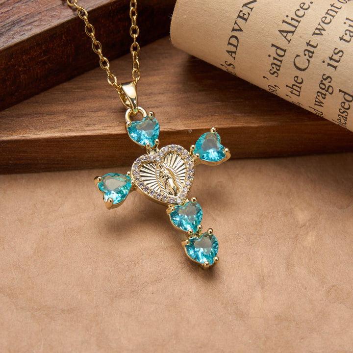 Christianartworkshop Heart Gem Virgin Mary Cross Pendant Necklace: Emblem of Tender Heavenly Blessing - Light Blue - image 2