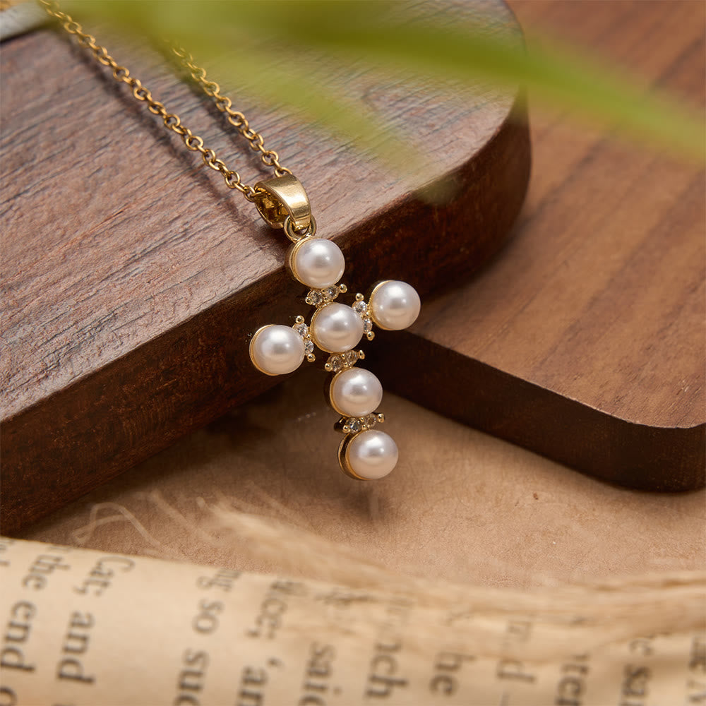 Christianartworkshop Lustrous Pearl Inlaid Diamond Cross Pendant Necklace: Emblem of Pure Heavenly Serenity - image 0