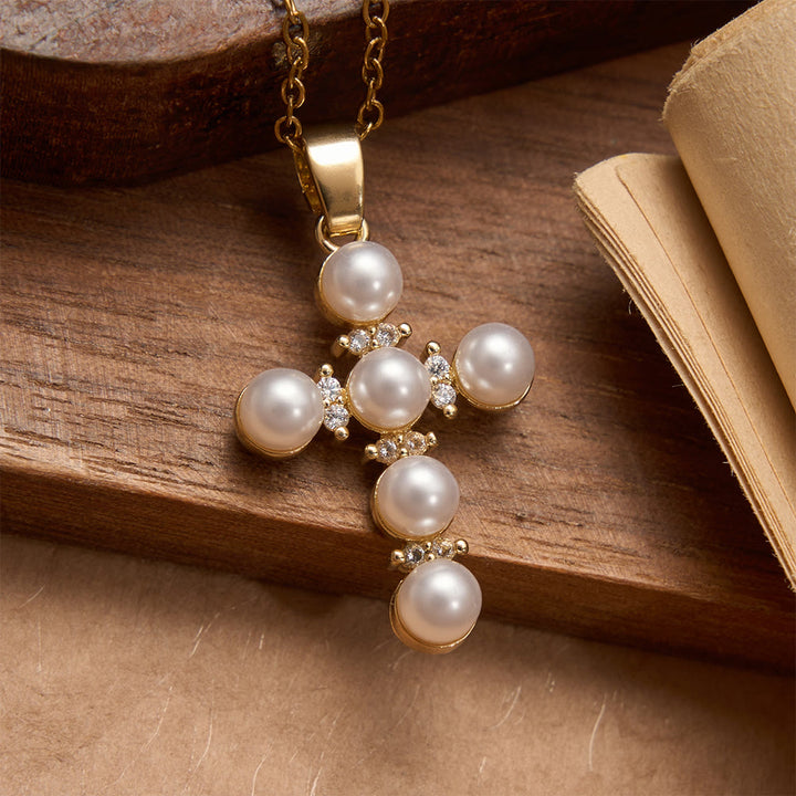 Christianartworkshop Lustrous Pearl Inlaid Diamond Cross Pendant Necklace: Emblem of Pure Heavenly Serenity - image 4