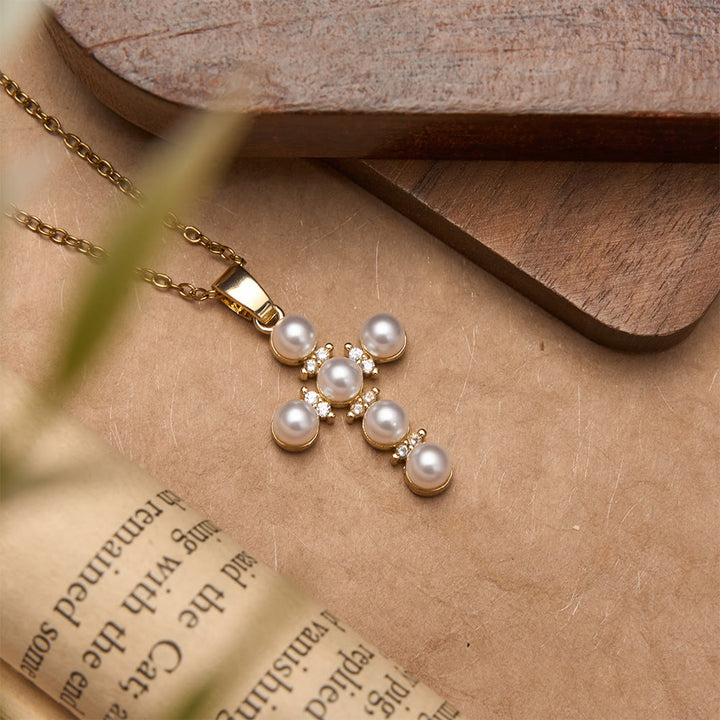 Christianartworkshop Lustrous Pearl Inlaid Diamond Cross Pendant Necklace: Emblem of Pure Heavenly Serenity - image 2