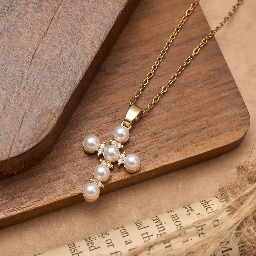 Christianartworkshop Lustrous Pearl Inlaid Diamond Cross Pendant Necklace: Emblem of Pure Heavenly Serenity - image 3