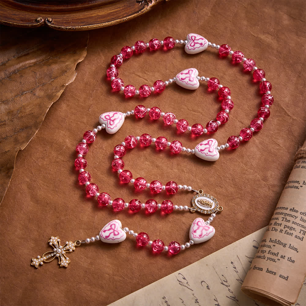 Christianartworkshop Blue Crackle Glass Rosary With Ceramic Heart Bow Beads & Our Lady Medal - Pink - image 3