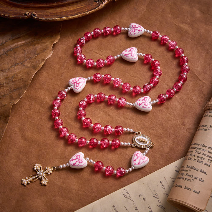 Christianartworkshop Blue Crackle Glass Rosary With Ceramic Heart Bow Beads & Our Lady Medal - Pink - image 3