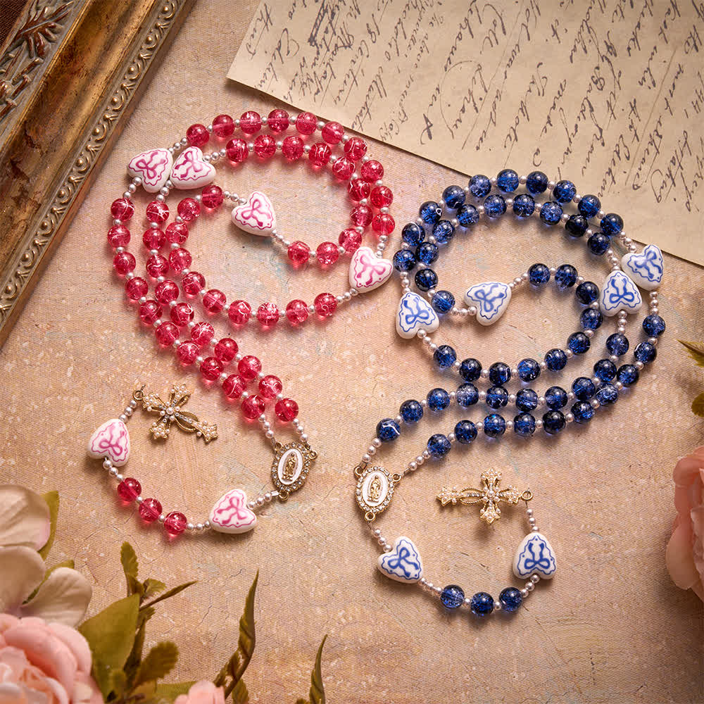 Christianartworkshop Blue Crackle Glass Rosary With Ceramic Heart Bow Beads & Our Lady Medal - image 1