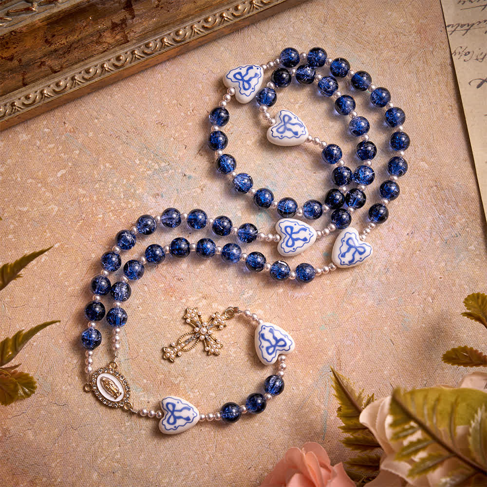 Christianartworkshop Pink Crackle Glass Rosary With Ceramic Heart Bow Beads & Our Lady Medal - Blue - image 4