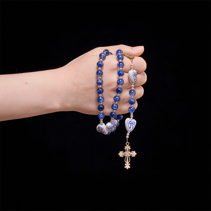 Christianartworkshop Blue Crackle Glass Rosary With Ceramic Heart Bow Beads & Our Lady Medal - image 4