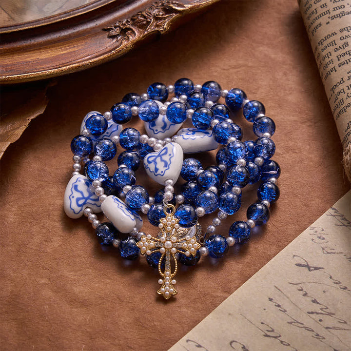 Christianartworkshop Blue Crackle Glass Rosary With Ceramic Heart Bow Beads & Our Lady Medal - image 7