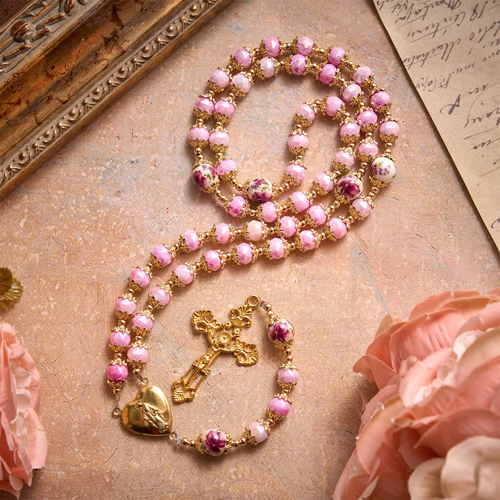 Christianartworkshop Floral Porcelain Glass Ball Rosary With Our Lady Heart Medal & Ornate Crucifix - Pink Floral Beads Rosary - image 0