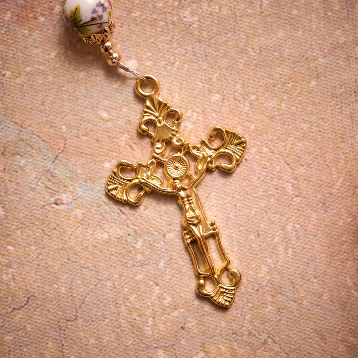 Christianartworkshop Floral Porcelain Glass Ball Rosary With Our Lady Heart Medal & Ornate Crucifix - image 7