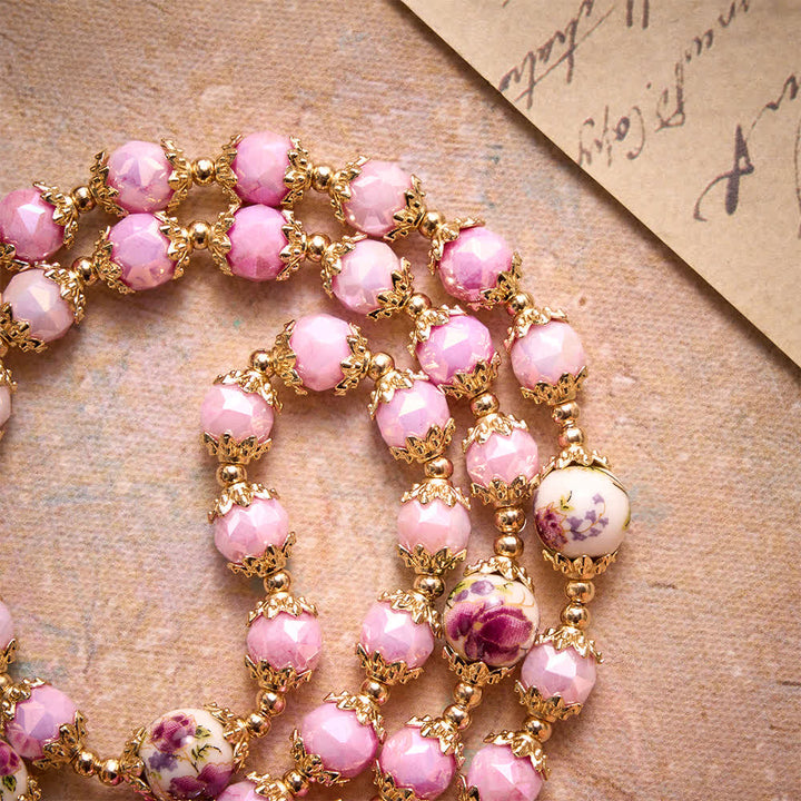 Christianartworkshop Floral Porcelain Glass Ball Rosary With Our Lady Heart Medal & Ornate Crucifix - image 5