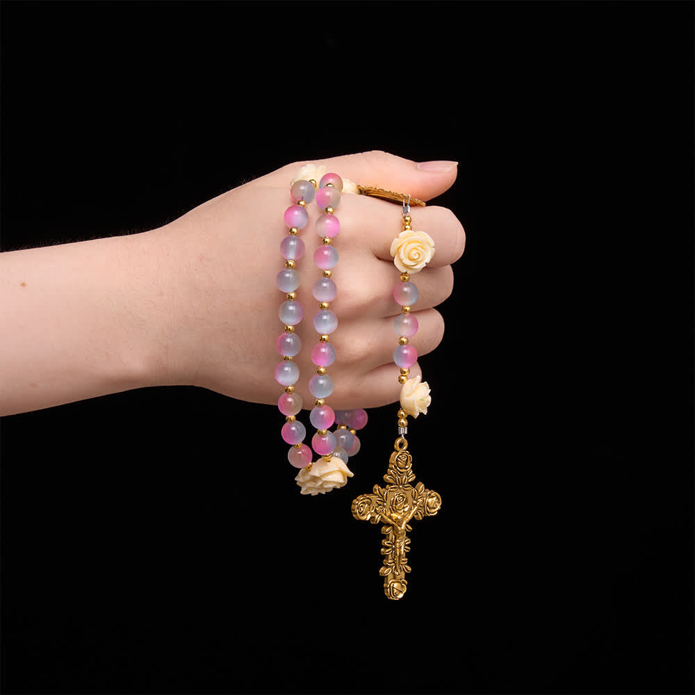 Christianartworkshop Dreamy Gradient Stained Glass Rose Rosary With St.Theresa Medallion - image 1