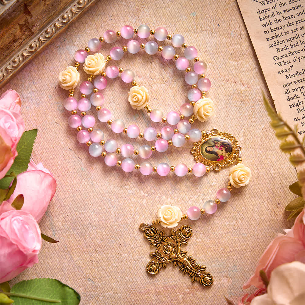Christianartworkshop Dreamy Gradient Stained Glass Rose Rosary With St.Theresa Medallion - Dreamy-Toned Rosary & St.Theresa - image 0