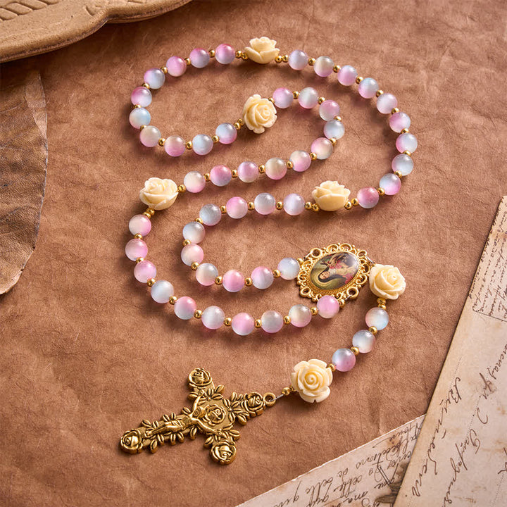 Christianartworkshop Dreamy Gradient Stained Glass Rose Rosary With St.Theresa Medallion - image 3